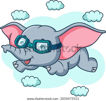 The cute elephant is flying on sky of illustration