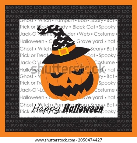 Pumpkin with witch hat foe halloween greeting card