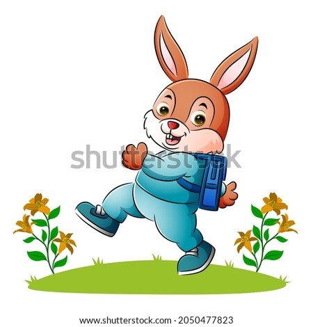 The happy rabbit is going to school with the happy face of illustration
