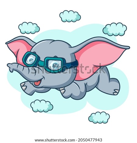 The cute elephant is flying on sky of illustration