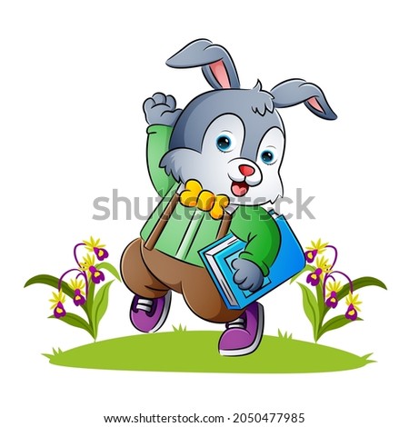 The rabbit teacher is waving the hand in the garden of illustration