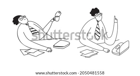 An office worker is resting. Hand-drawn illustration in the doodle style. Break during working hours. A person drinks tea at the table. All elements are isolated on a white background.