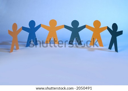 Cut-out figures holding hands together in a semicircle.
