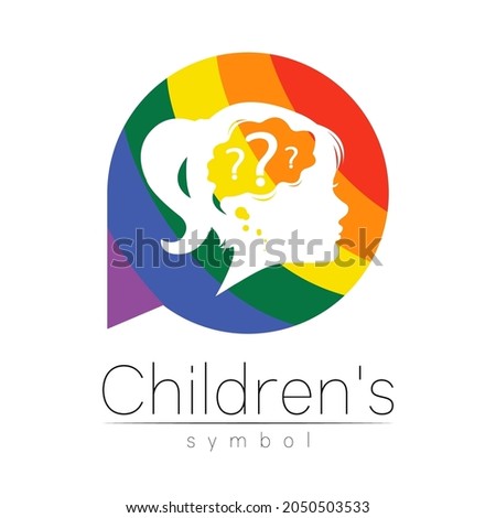 Modern logotype Kid Girl head with question inside brain . Logo Child sign of Psychology. Profile Human. Creative style. Symbol in vector. Design concept. Rainbow color isolated on white