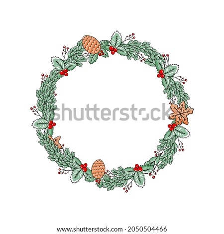 Christmas wreath made of plant doodle elements isolated on white background. Vector round frame for festive New Year design