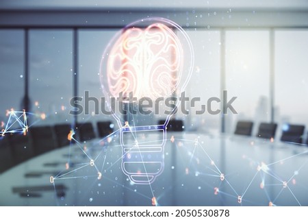 Abstract virtual idea concept with light bulb and human brain illustration on a modern conference room background. Neural networks and machine learning concept. Multiexposure