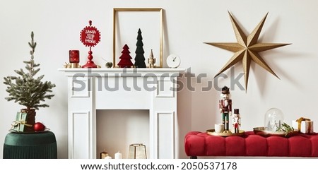 Stylish christmas composition at living room interior with white chimney, christmas tree and wreath, stars, gifts and decoration. Santa clause is coming. Template.