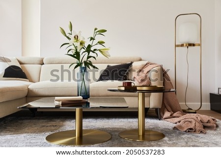 Stylish living room interior composition with beige sofa, glass coffee table, carpet on the floor and glamorous accessories. Template. Royalty-Free Stock Photo #2050537283