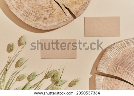 Flat lay of stylish composition with mock up visit cards, wood,  dry plants and accessories. Neutral colors, top view, template.