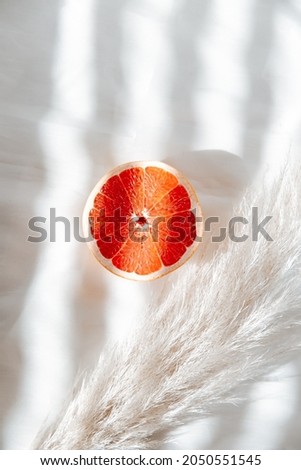 Minimalism, mood and lifestyle picture for social media with pampas grass and grapefruit