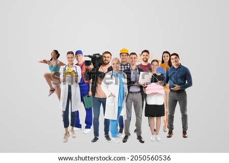 Choosing profession. People of different occupations on light background Royalty-Free Stock Photo #2050560536