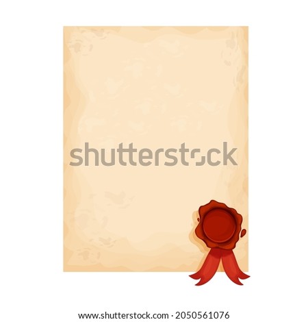 Parchment paper, document empty frame with wax seal and ribbon cartoon style isolated on white. Decoration, template. . Vector illustration