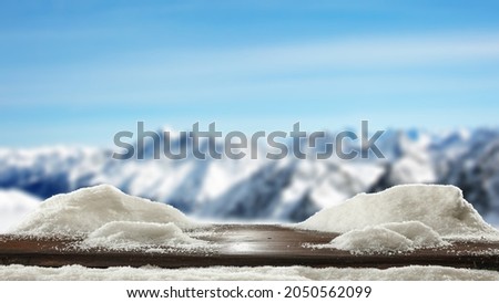 Desk cover of snow and winter landscape. Free space for your decoration. 