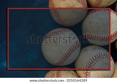 Group of old used baseball balls with graphic frame and copy space for sport background.