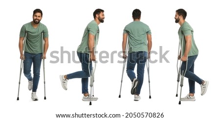 Young man with axillary crutches on white background, collage. Banner design Royalty-Free Stock Photo #2050570826