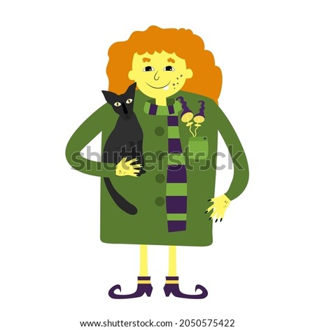 A charming red-haired witch in a green coat, a scarf and with a cat in her hands, toadstools sticking out of her pocket. Halloween illustration in cartoon childish style for your holiday design.