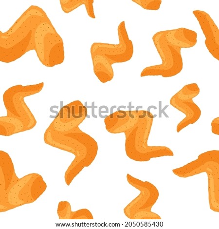 Fried crispy chicken wings seamless pattern on white background. Cartoon roasted fast food vector eps illustration