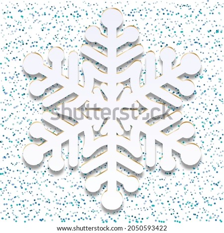 White snowflake icon with shadow on blue confetti background. Symbol of xmas, snow, cold weather, frost. Winter design element. Vector illustration