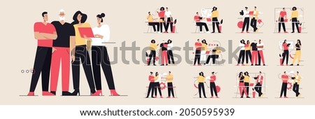 Collection of flat style vector illustrations depicting business people teamwork. Editable stroke. Royalty-Free Stock Photo #2050595939
