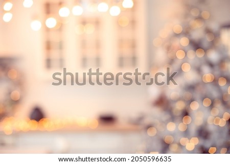 blurred background og  kitchen with lights for  christmas and new year