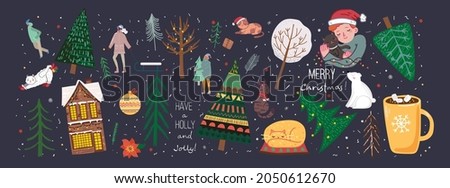 Vector set of winter Christmas trees and sun, snow, snowflake, bush, cloud, people for Creating own New Year and Christmas illustration cards