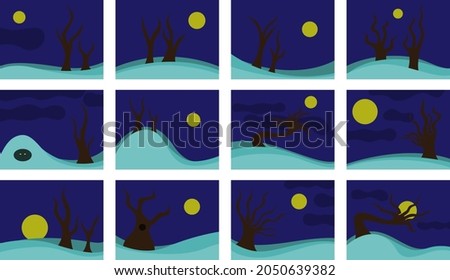 Set of winter night landscapes with trees and moon. Vector illustration.