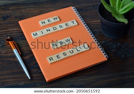 new mindset new result, text words typography on wooden background, life and business motivational inspirational concept