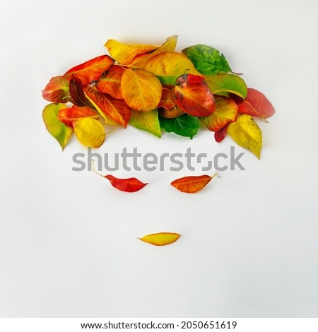 Autumn leaves in the shape of a woman's face and hair. Creative leaves idea.