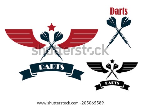 Darts emblems and symbols with heraldic wings for sporting logo and leisure design