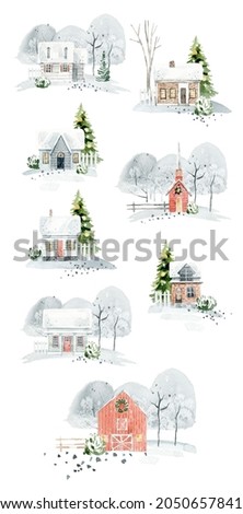 Christmas houses. Watercolor illustrations of houses. Winter landscape. Christmas tree. Template greeting cards.