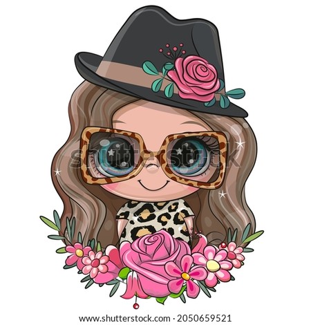 Cute cartoon girl in glasses and hat with flowers
