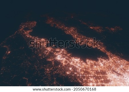 Bay Area aerial view at night. Top view on modern city with street lights. Satellite view with glow effect