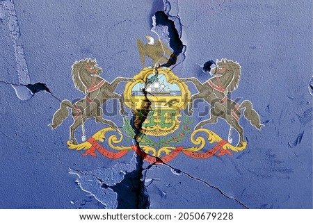 Pennsylvania state flag icon grunge pattern painted on old weathered broken wall background, abstract US State Pennsylvania politics economy election society history issues concept texture wallpaper