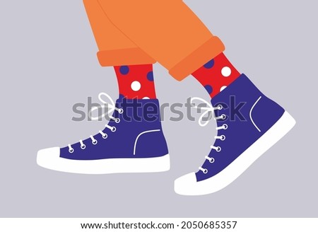 Shoe pair, boots, footwear. Canvas shoes. Feet legs walking in sneakers with colored socks and jeans. Fashion style high-top and low-top sneakers.Lace-up shoes. Color Isolated flat vector illustration Royalty-Free Stock Photo #2050685357
