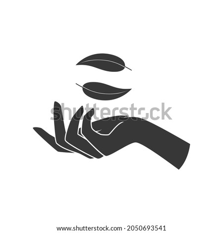 Hands hold a leaf of the plant. Vector illustration isolated on white background