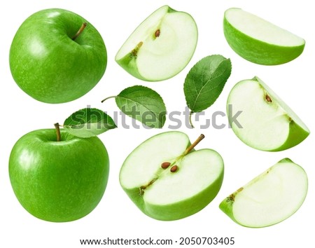 Fresh green apples set isolated on white background. Whole fruit , slices and leaves. Package design elements with clipping path