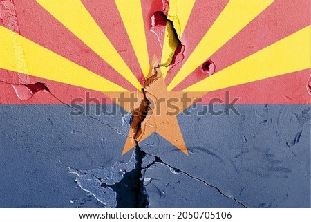 Arizona State Flag icon grunge pattern painted on old weathered broken wall background, abstract US State Arizona politics economy society history issues concept texture wallpaper