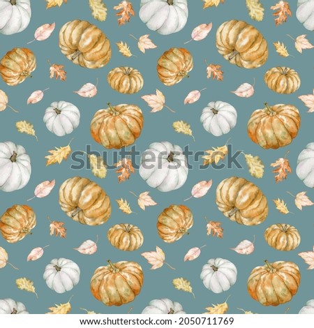 Watercolor seamless pattern of colorful pumpkins and Autumn leaves. Thanksgiving Day pumpkins background.