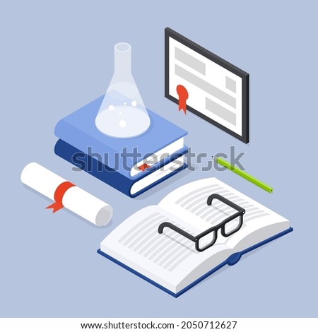 Back to school graduate diploma scroll certificate isometric vector illustration. Stack of textbook open book with eyeglasses, beaker and rolled graduation achievement. Education, learning at college