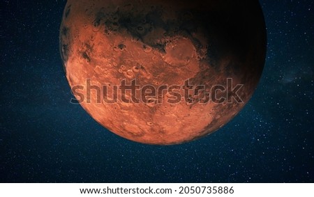 Red planet Mars with craters in space with stars. Space wallpaper concept