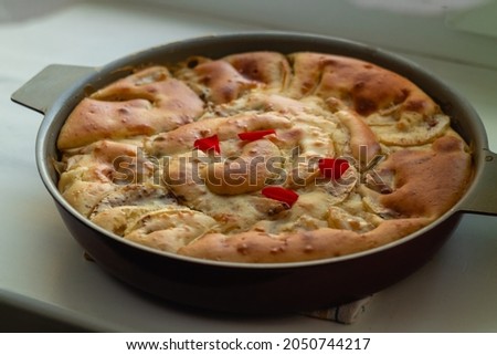 Traditional fragrant apple pie in a round shape with a golden crust on a light table.