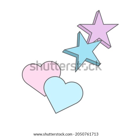 Set Illustrations stars and hearts isolated in white. Digital kawaii sign, Pastel illustration for kids. Cartoon cute elements