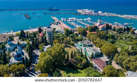  The modern Russian resort of Sochi on the Black Sea. Sochi aerial panoramic view