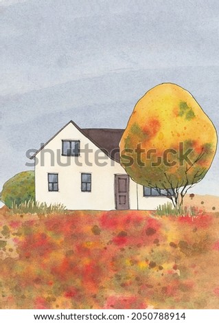 Watercolor fall background clipart, Autumn landscape clip art, Cottagecore house printable art, Farm poster image, forest nature tree illustration