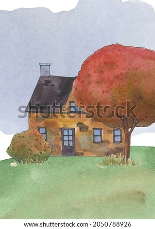 Watercolor fall background clipart, Autumn landscape clip art, Cottagecore house printable art, Farm poster image, forest nature tree illustration