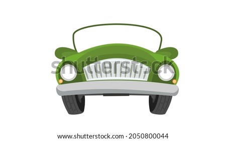 Car. Cartoon comic funny style. Front view. Green Automobile. Auto in flat design. Cabriolet. Childrens illustration. Isolated on white background. Vector. Royalty-Free Stock Photo #2050800044