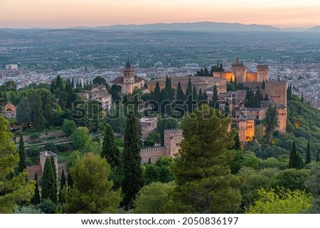 Sunset view of Alhambra fortress in Granada, Spain