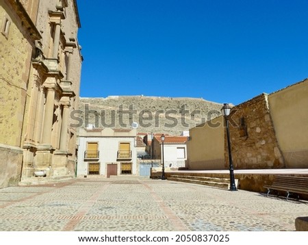 Town center of Penas de San Pedro with the castle in the background. Castilla La Mancha, Spain.