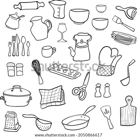 set of kitchen items and kitchen tools in doodle style. suitable for recipes