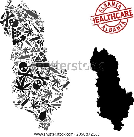 Vector narcotic mosaic map of Albania. Grunge health care round red imprint. Template for narcotic addiction and health care doctrines. Map of Albania is designed from inoculation needles, mortal,